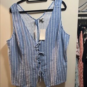 A New Day Blue and White Striped Linen/Rayon Sleeveless Top/Vest - Tie Front